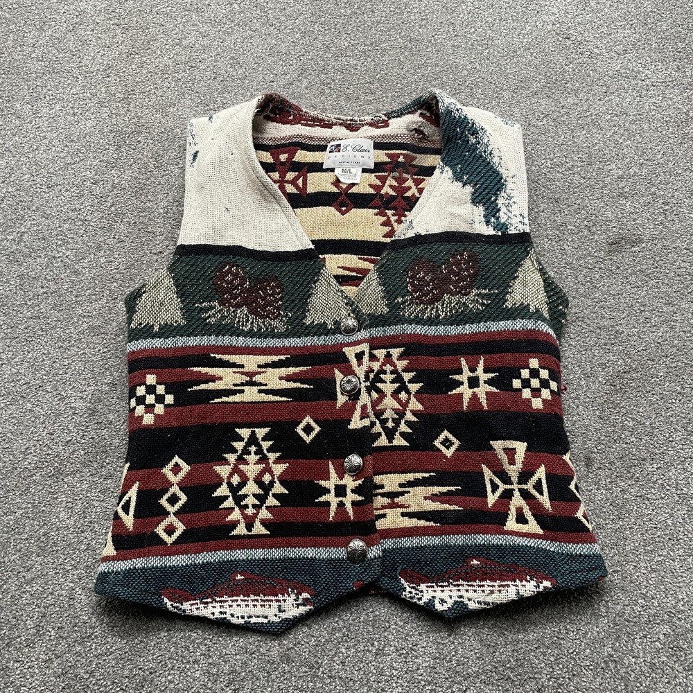 VINTAGE E. Clair Designs Vest Medium Southwestern Aztec Tapestry Concho 90s